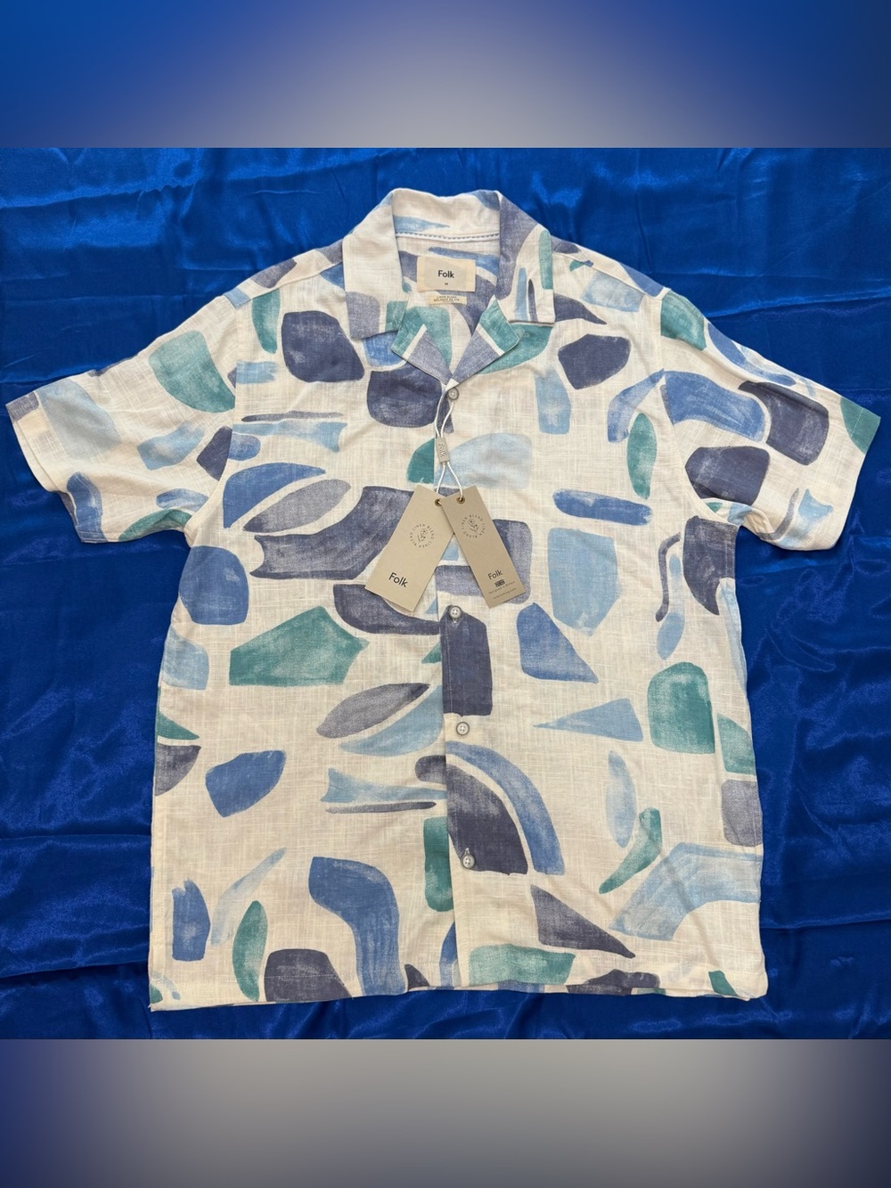 Folk Linen Blend Short Sleeve Shirt in Blue & Teal Abstract Men’s Medium